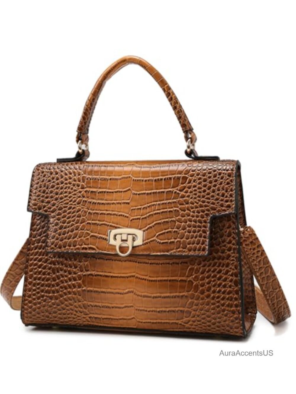 Vegan Leather Croc Embossed Satchel Structured Top Handle Crossbody Purse